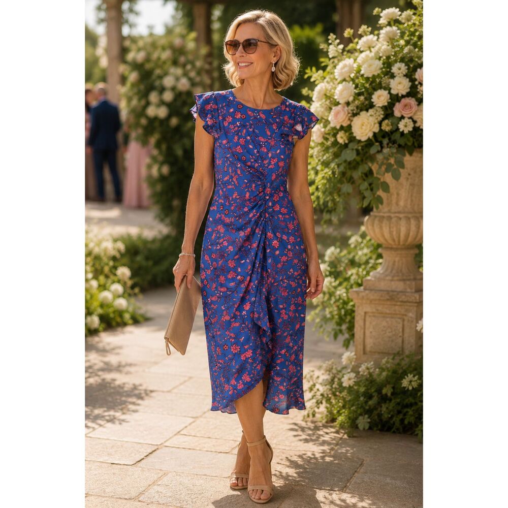 Vince Camuto Dress 4 Blue Pink Floral Ruffle Midi Sheath Wedding Cottagecore
